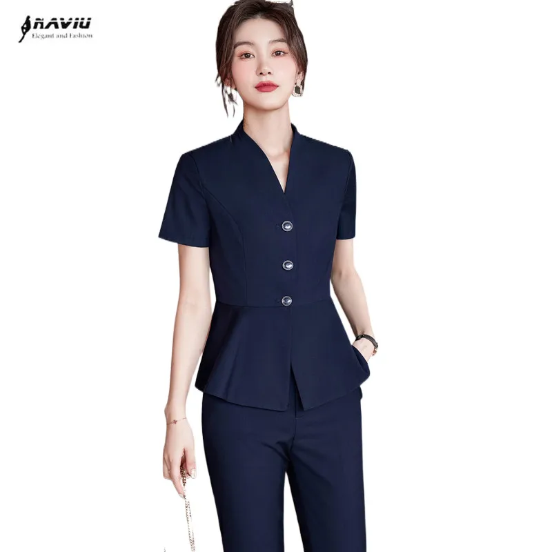Navy Blue Short Sleeve Suits Women Summer New Ol Professonal Formal