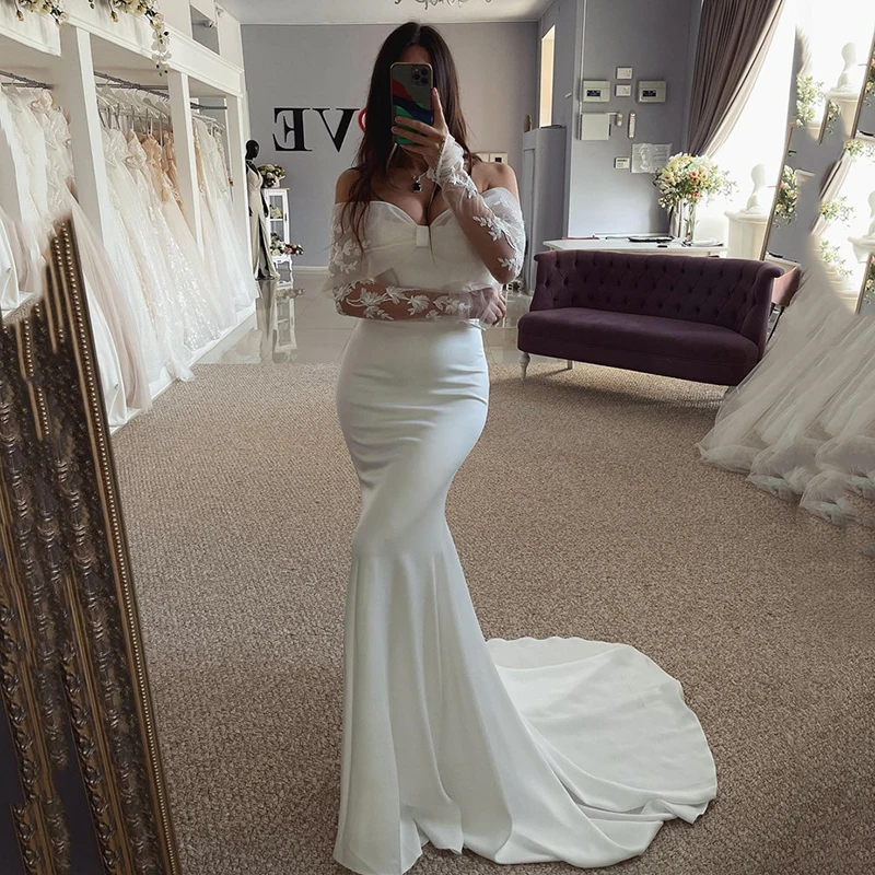 

Женское свадебное платье с юбкой-годе It's yiiya, белое атласное платье с открытыми плечами, кружевной аппликацией и длинными рукавами на лето 2024