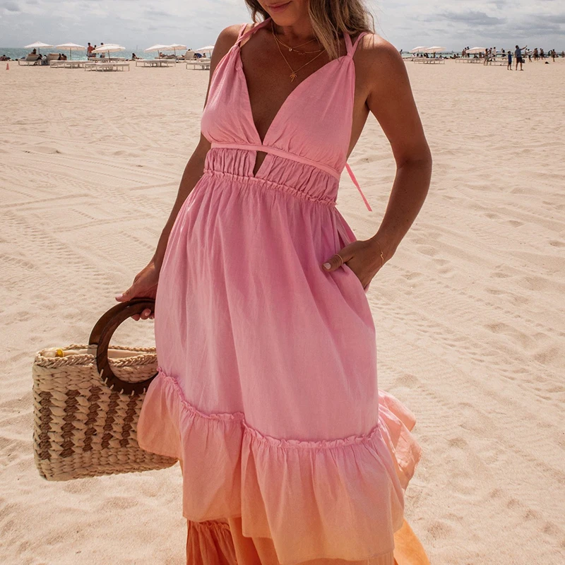 

Elegant Cotton Linen Swing Long Dress Women Fashion Gradient Print Pleated Party Dress Sexy V-neck Lace-up Backless Maxi Dresses