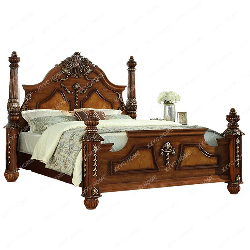 

American-Style Solid Wood Luxury Master Bedroom Villa Bed 1.8 M Original Wood Carving Flower European Retro Furniture