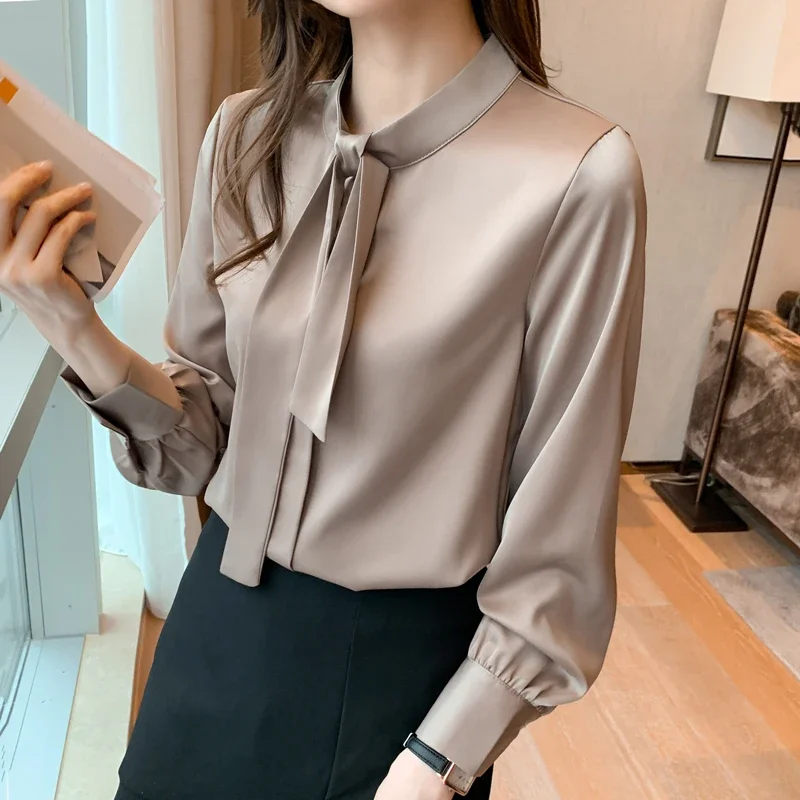 

Elegant Women Shirt Long-sleeve Blouse Women 2024 Spring Ribbon Tops Satin Shirts Silk Blouses OL Solid Female Clothing J09