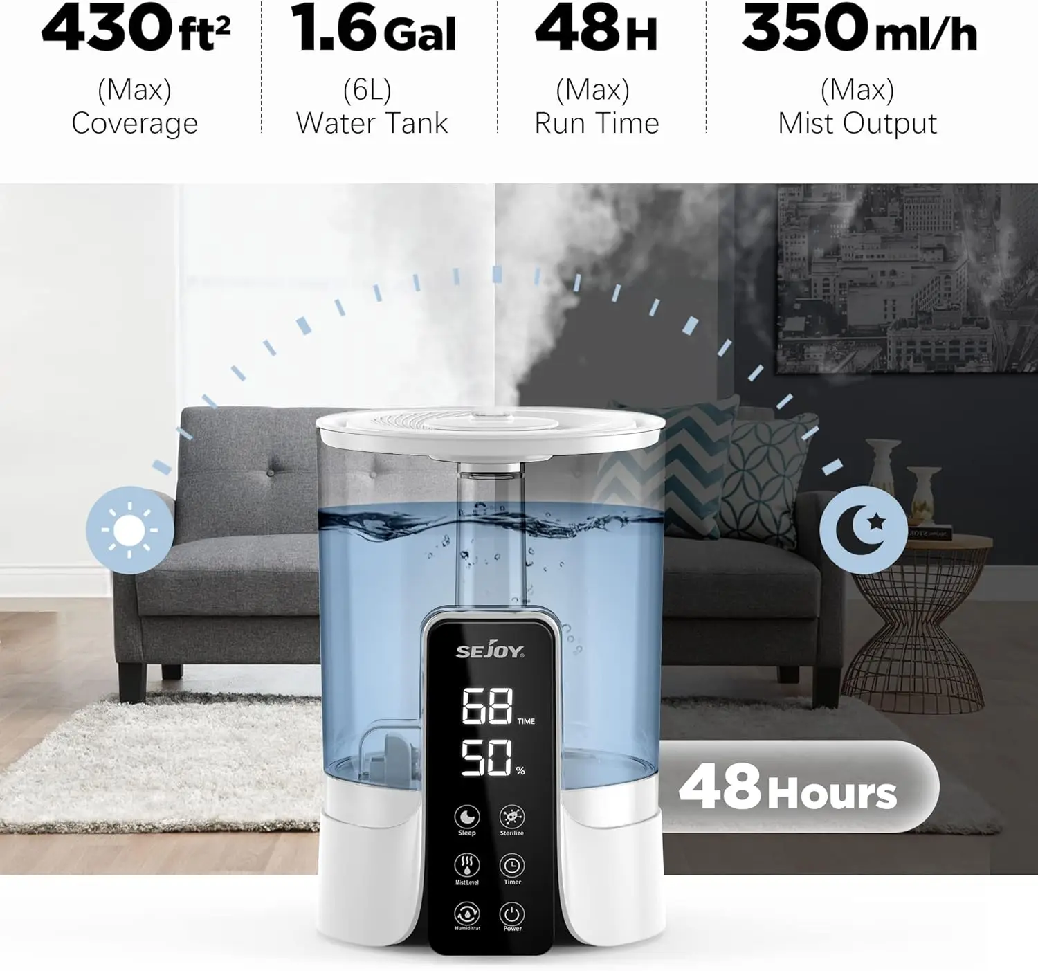 SEJOY Humidifier for Bedrooms, Large Rooms and Babies, Ultrasonic Cool Mist Top Fill Desk Humidifier Rotating Nozzle Silent 2