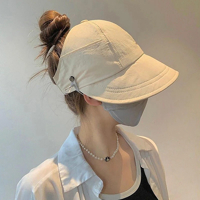 Faltbare, breite Krempe, Pferdeschwanz, Sonne, Kordelzug, verstellbare Kappe, Sommer, schnell trocknendes Visier, Fischermütze für Damen, Strandhut_voghion.com