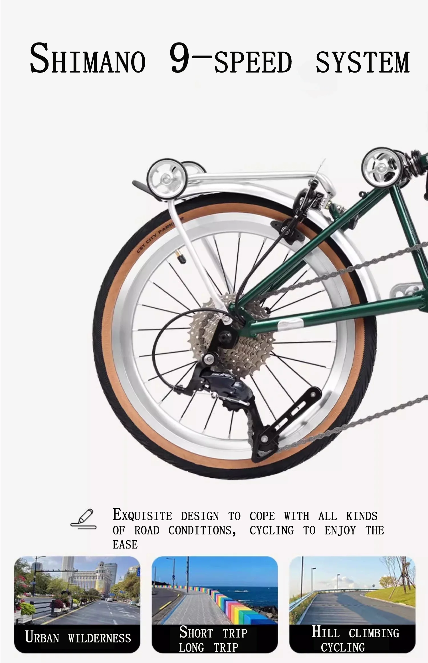 Description Picture 4 of itemRetro Folding Bicycle 16 Inches External 9 Speed Double C Brake Portable CRMO Three Fold Frame 53Tankset 349 Wheels Bike