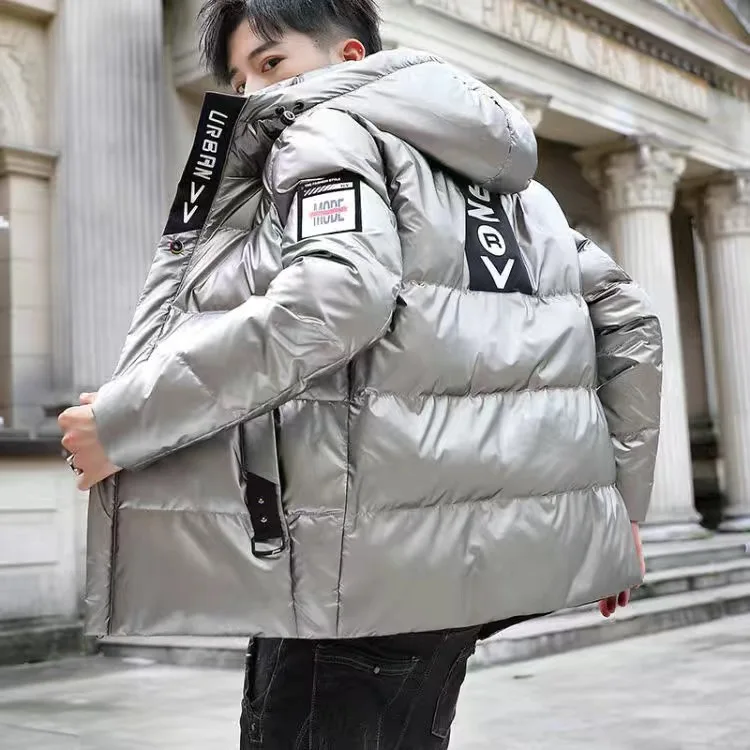 

New Bright Leather Men Thicken Warm Winter Jacket Casual Parka Outwear Waterproof Stand Collar Hooded Coat Clothing
