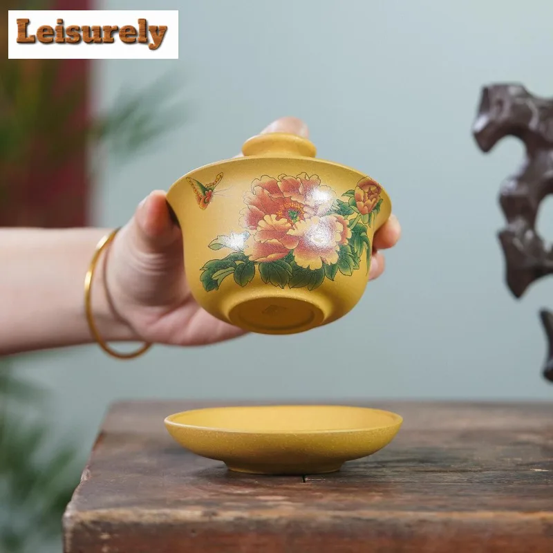 170ml Yixing Purple Clay Peony Pattern Gaiwan Luxury Tea Tureen Tea Bowl With Lid Kit Tea Maker Cover Bowl Kung Fu Tea Set Craft