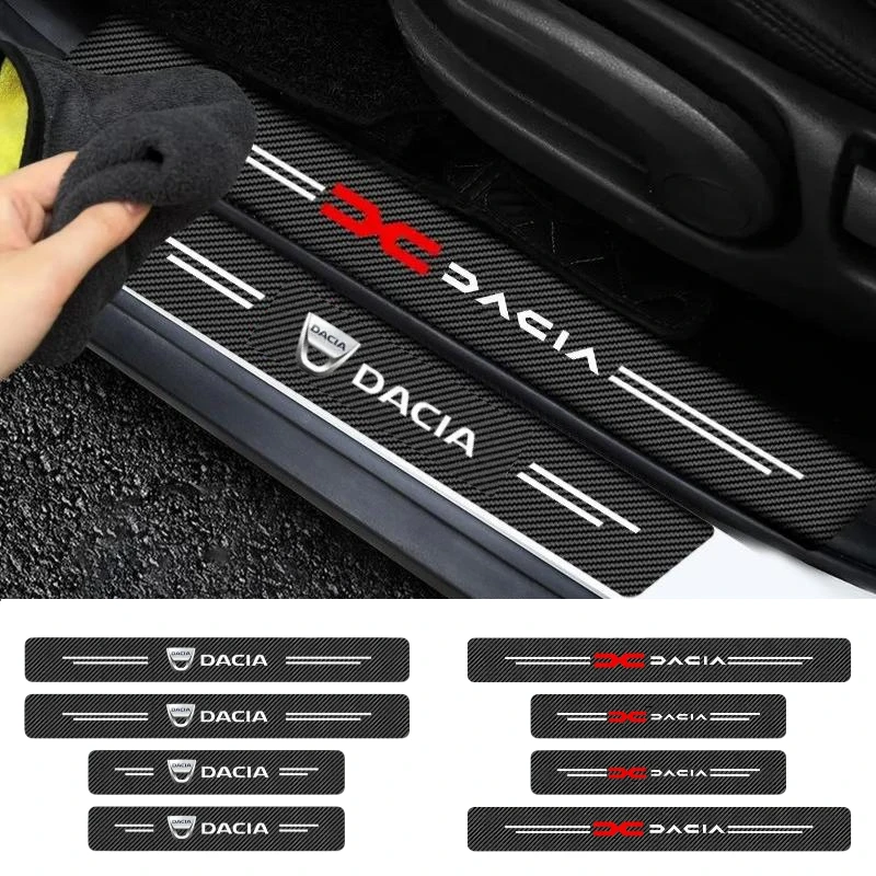 WatSKY 4 Stück Carbon Fiber TüRschweller Schutzpedal Abdeckung,für Dacia Logo Spring Lodgy