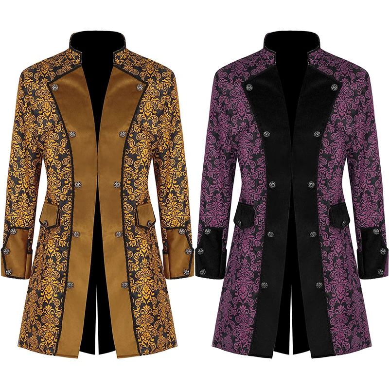 

Men's Gothic Retro Trench Coat Medieval Renaissance Steampunk Coat Stand Collar Printed Stage Costume Partywear