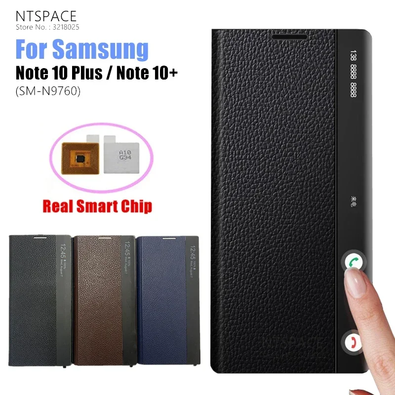 

Высококачественный кожаный чехол с текстурой личи для Samsung Galaxy Note 10 Plus Note10 + прозрачные чехлы-книжки с окошком и умным чипом