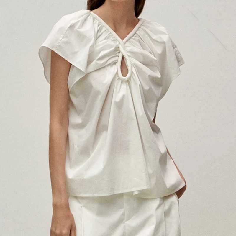 

2023 Spring and Summer New Neckline Knot Hollow Design Short-sleeve Pullover Blouse Woman