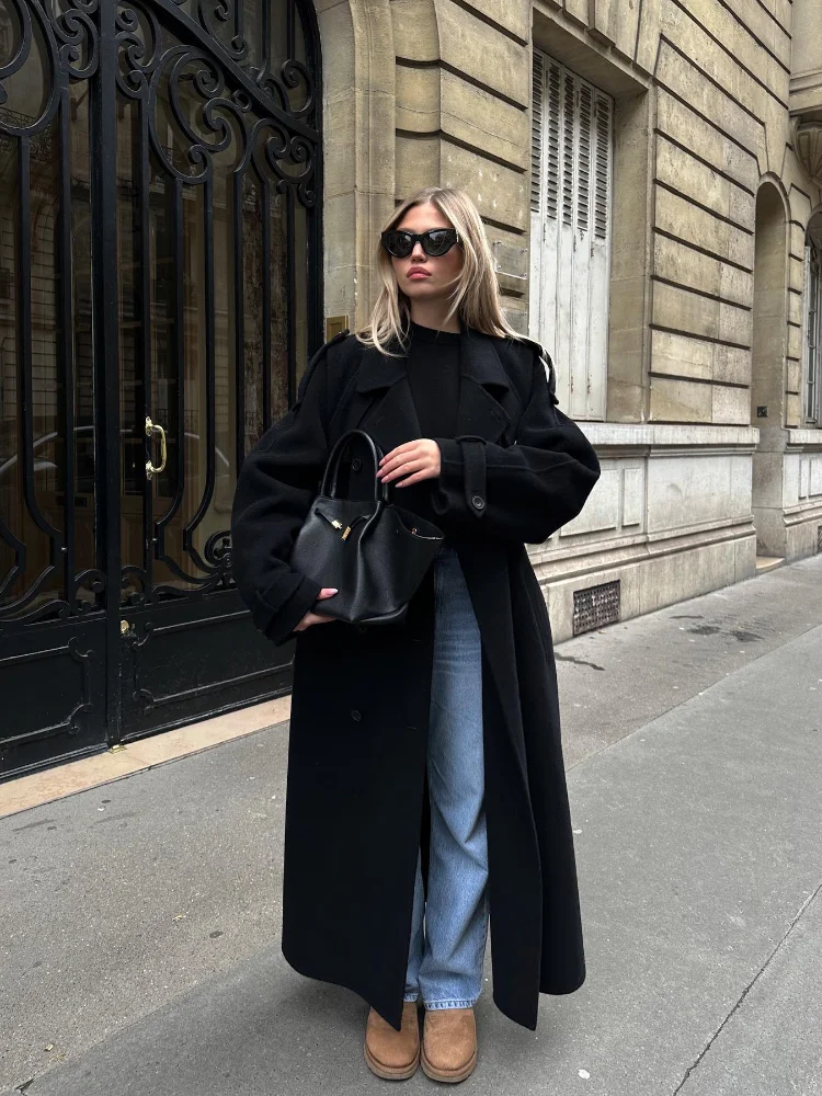 Elegant With Belt Black Long Coat For Women Oversize Woolen Double Button Lapel Overcoat Autumn New Lady High Street Outerwear 2
