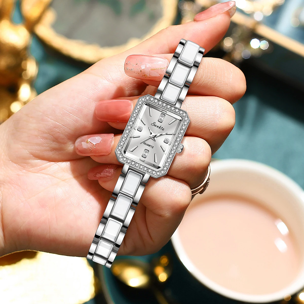 LIGE New Women's Watches Gold Rectangular Dial Quartz Watch Diamond Calendar Waterproof Elegant Original Brand Lady Wristwatch 5