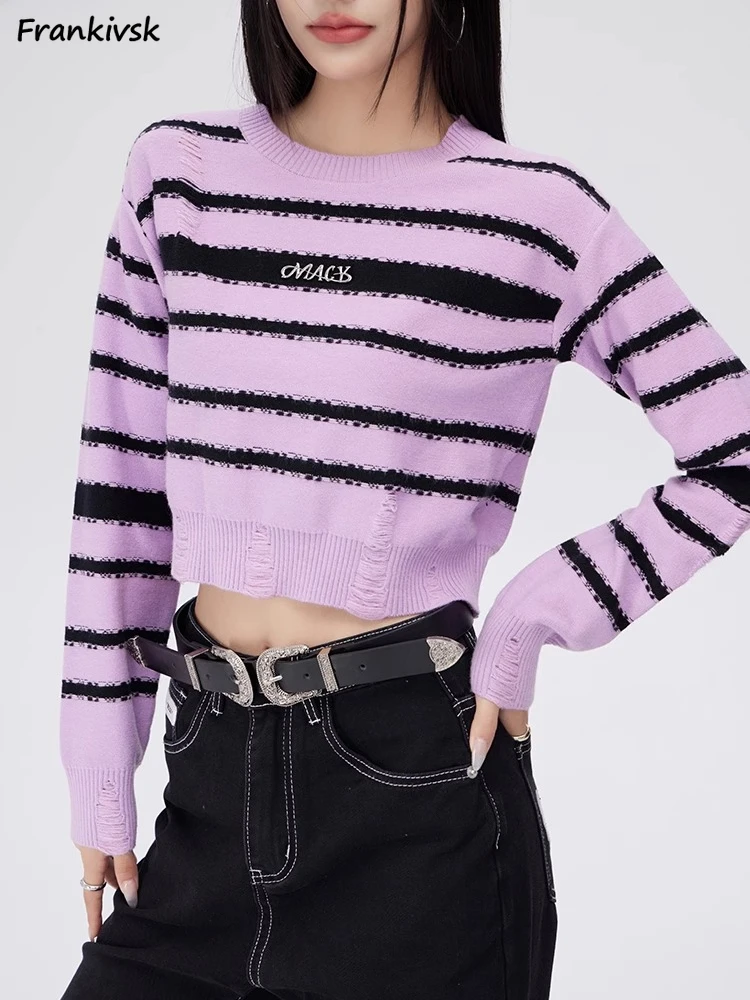 

Sweaters Women New Fashion Casual Korean Style Hotsweet Cropped Knitwear High Street Popular Striped Long Sleeve Autumn Hipster