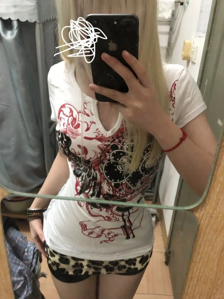 HOUZHOU Punk Harajuku Graphic Tshirts Women Japanese Style Y2k Vintage 2000s Aesthetic Grunge Top Gothic Short Sleeve Streetwear 2