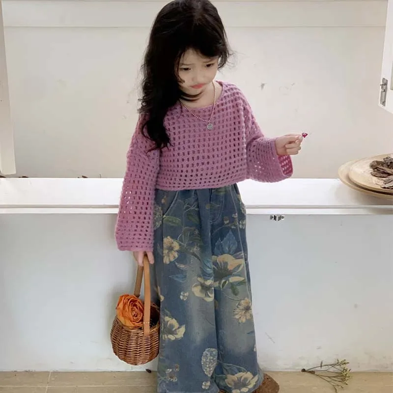 한국 봄 가을 아동 의류 소녀 빈티지 꽃 청바지 캐주얼 아동 와이드 레그 팬츠 패션 루즈 바지