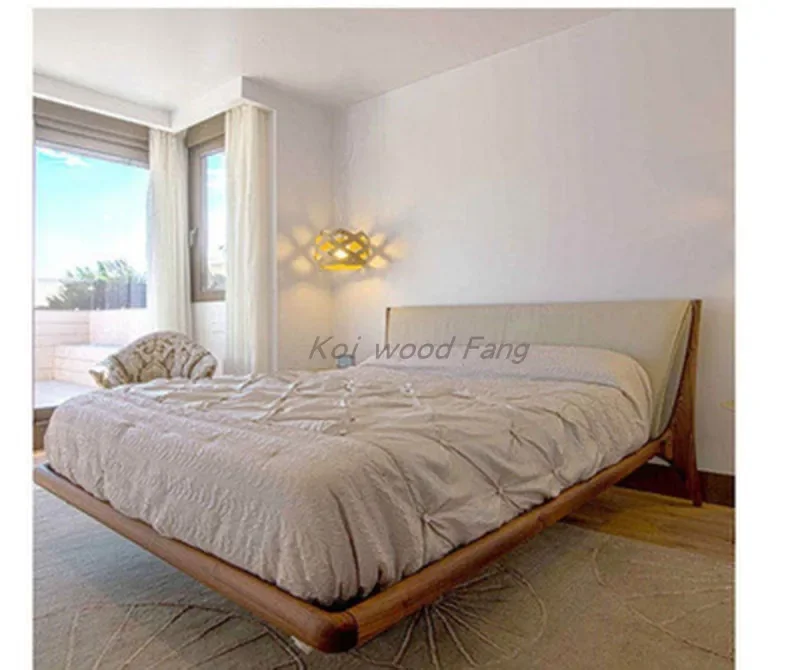 

Nordic all-black walnut oak bed modern simple master bedroom furniture leather soft backrest solid wood wedding bed