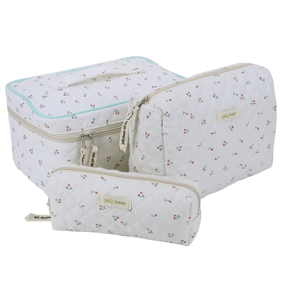 Cotton Quilted Makeup Bag Set for Women Travel Cosmetic Storage