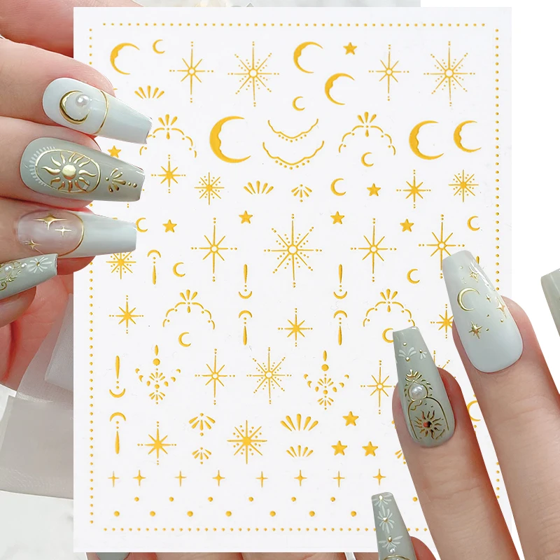 3D Moon Star Nail Art Sticker Gold Sun/Moon/Star Bronzing Nail Self-Adhesive Stickers Metal Mirror Effect Glitter Slider Decals