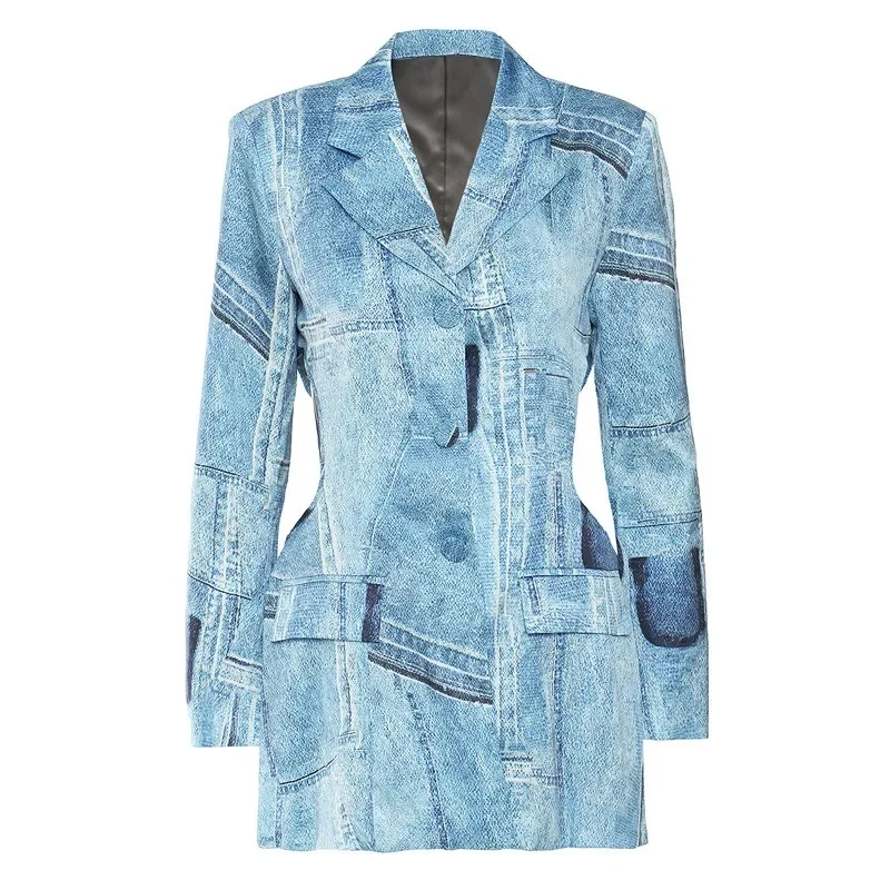 

Blazers Denim Coat Graffiti Printed Satin Material Open Waist Suit Top