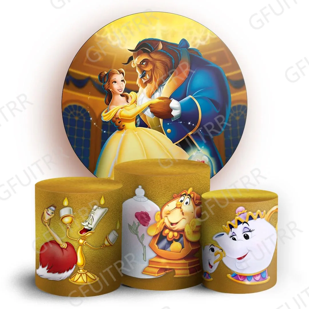 

Disney Belle Princess Round Cover Beauty And The Beast Backdrop Birthday Baby Shower Round Cylinder Cover Photocall Props