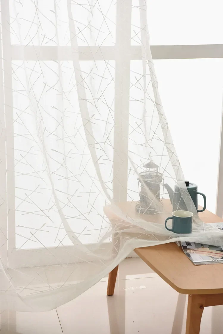 1PC White Cross Vertical Strip Embroidered Gauze Curtain Curtains for Living Dining Room Bedroom 4