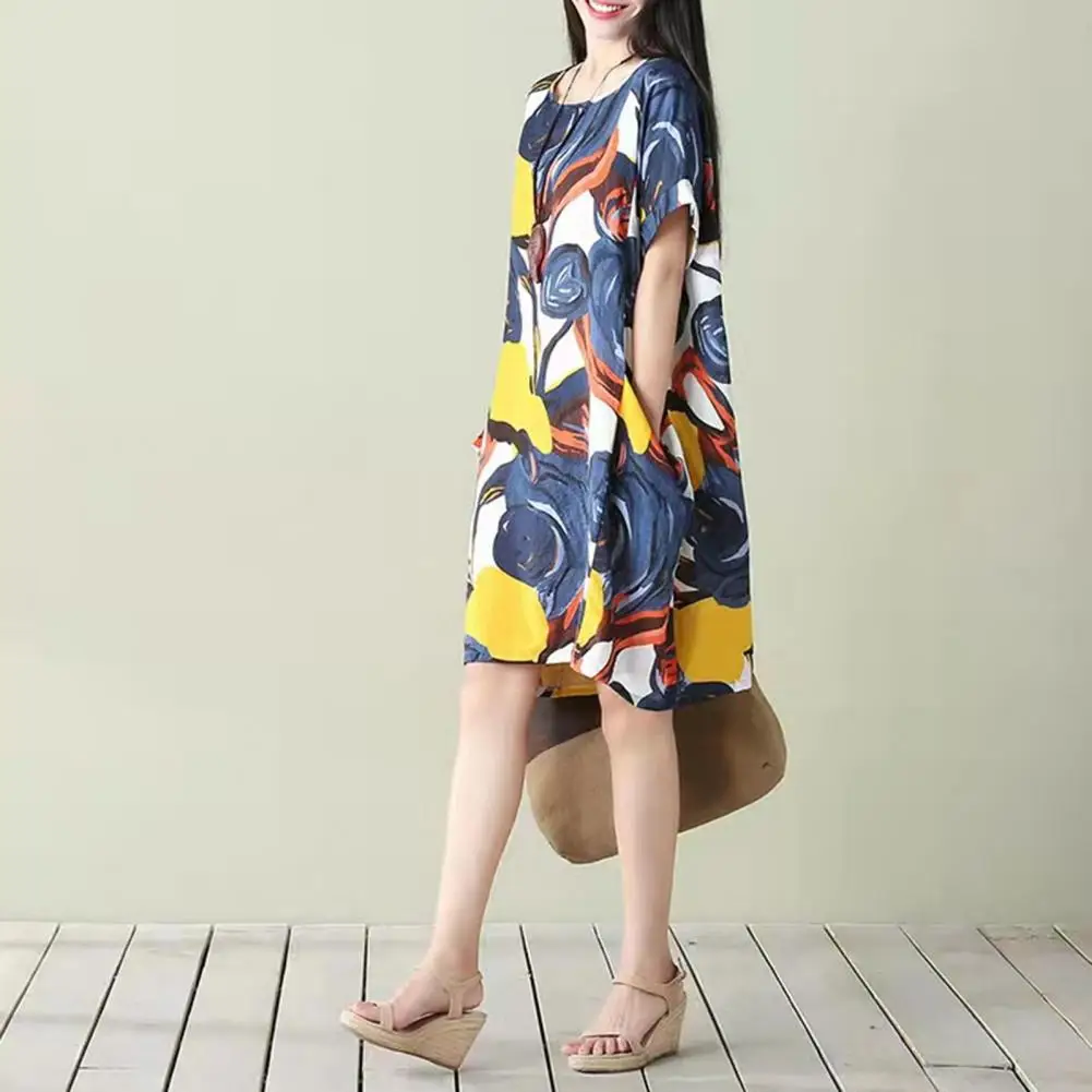 

Trendy T-shirt Dress O-Neck Anti-pilling Loose Dress Irregular Printing Loose Short Dress