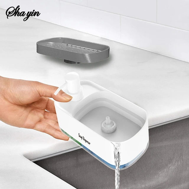 ชุดจ่ายสบู่ล้างมือและล้างจาน 3-in-1 พร้อมที่วางฟองน้ำ ที่ปั๊มสบู่แบบคู่สำหรับอ่างล้างจานในครัว 4