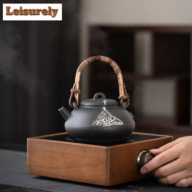 Japanese Crude Pottery Handmade Alum Black Teapot Warmer Ceramic Retro Tea Stove Candle Holder Kettle Holder Tea Stove Tea Set