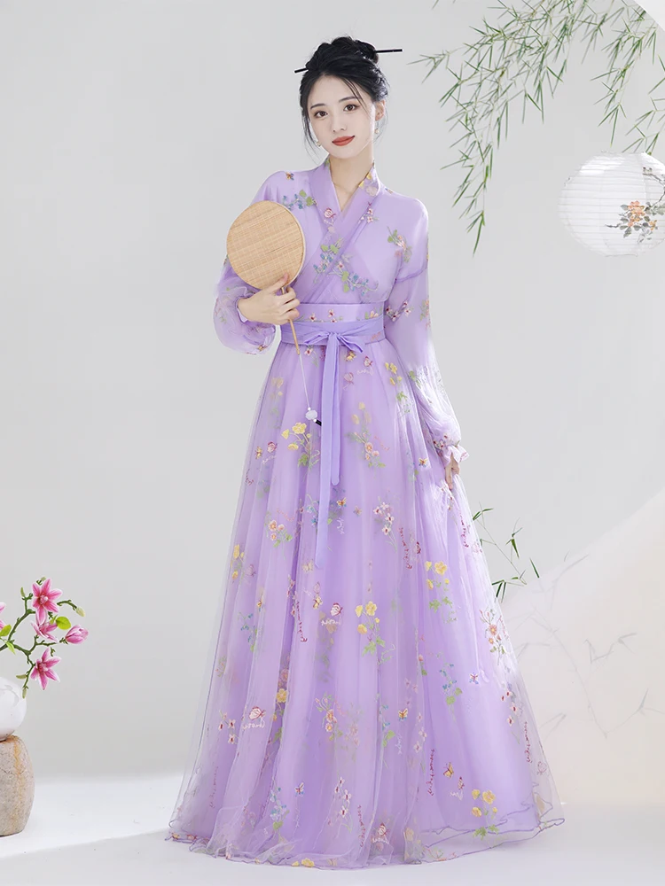 Purple Women's Han Chinese Clothing Ancient Costume Daily Wearable Style Jacket and Dress Chorus Recitation