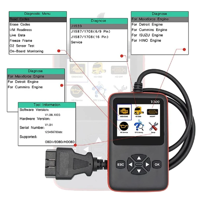 V500 Code Reader Truck Car 2 In 1 OBD2 Engine Diagnostic Tool J1939