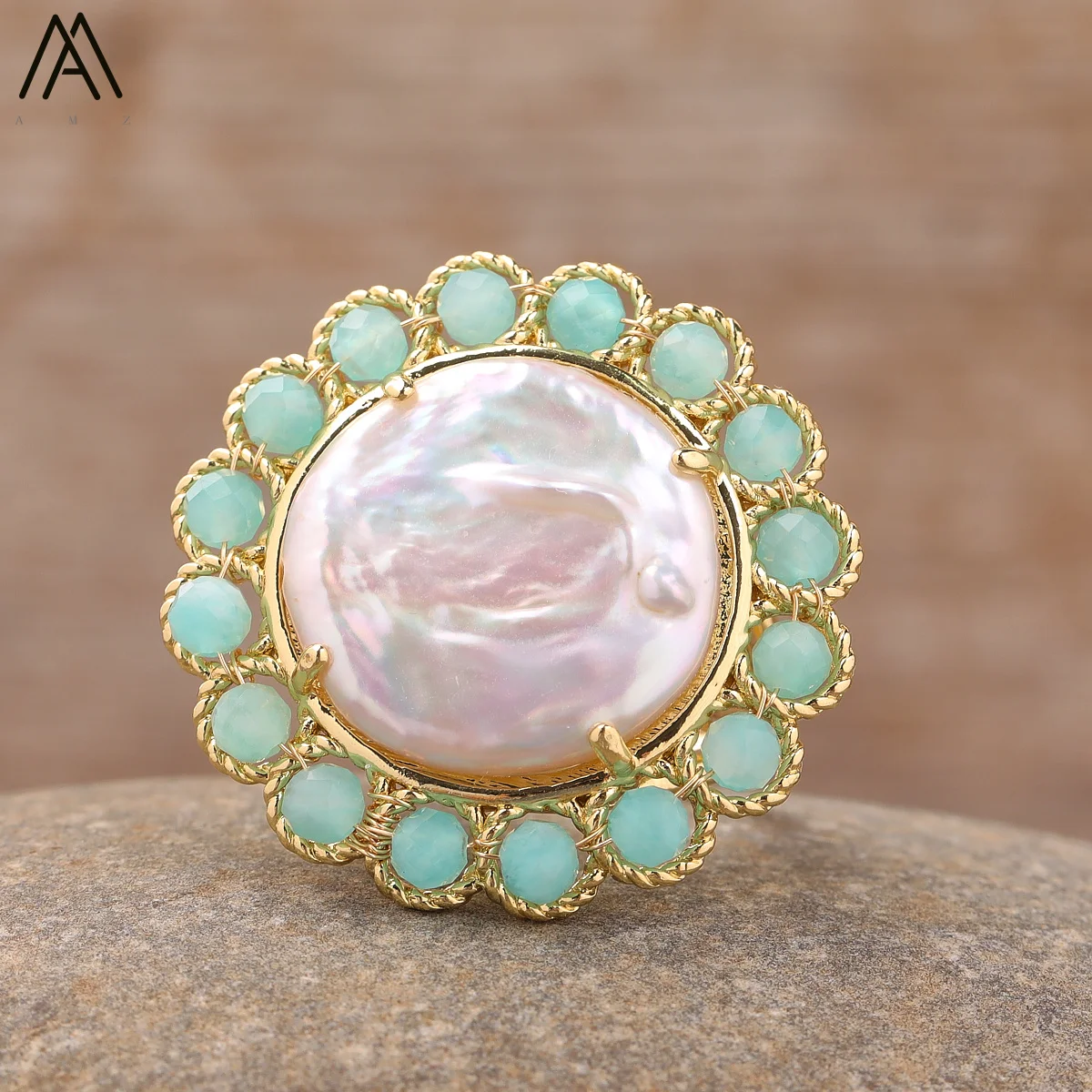 Women High Quality Pearl Finger Rings Bohemia Natural Amazonite Amethsyt Crystal Adjustable Ring Fashion Birthday Jewelry Gifts