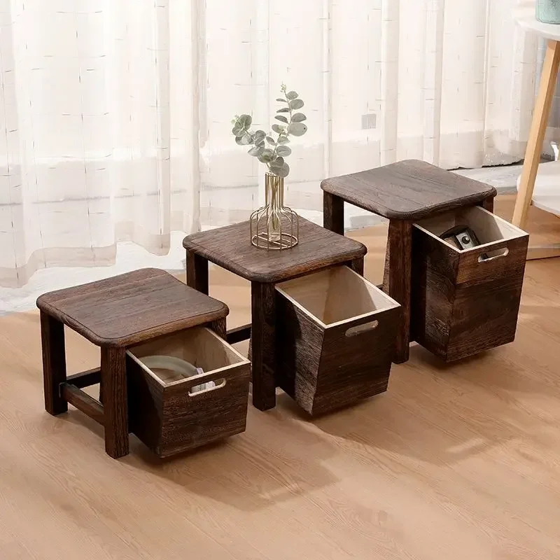 Solid Wood Square Stool with Storage Drawer