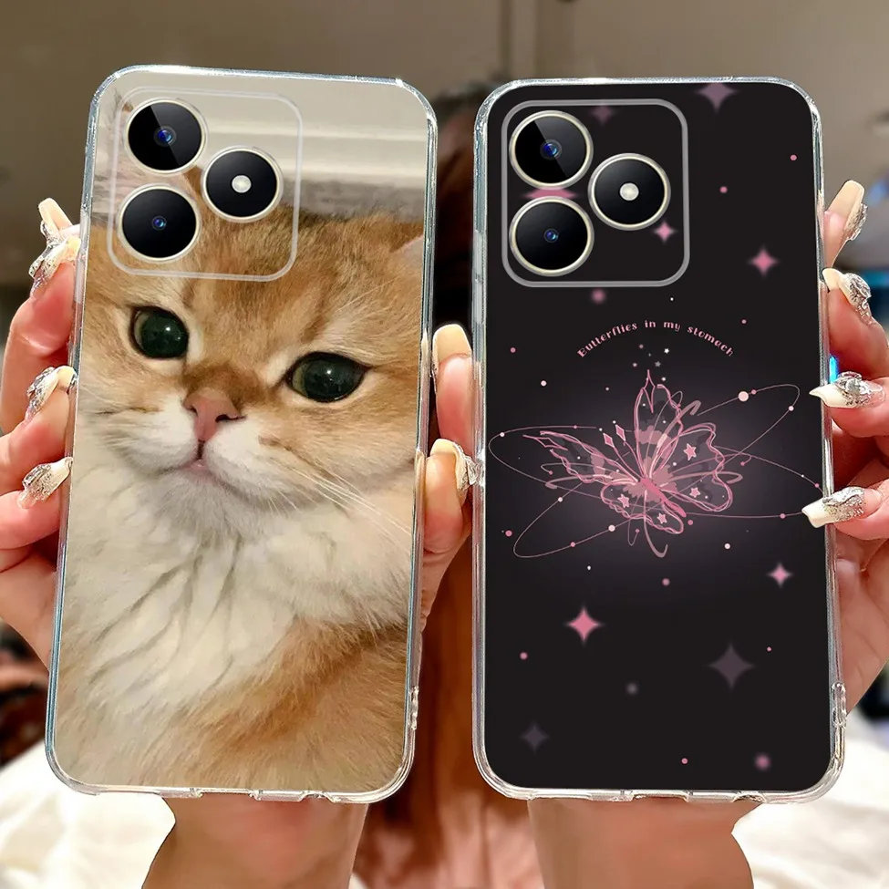 Clear Cute Cat & Butterfly Design Phone Case with Flower Accents - Stylish Protective Back Cover