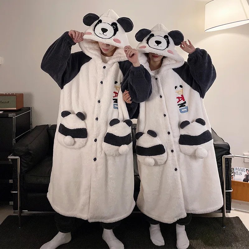 Men Pyjamas Cute Cartoon Panda Couple Pajamas For Men And Women Sleepwear In Winter Plush Thick Warm Bathrobe With Trousers
