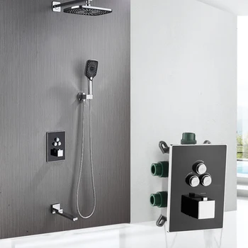 Black & Chrome Thermostatic Rainfall Shower Set
