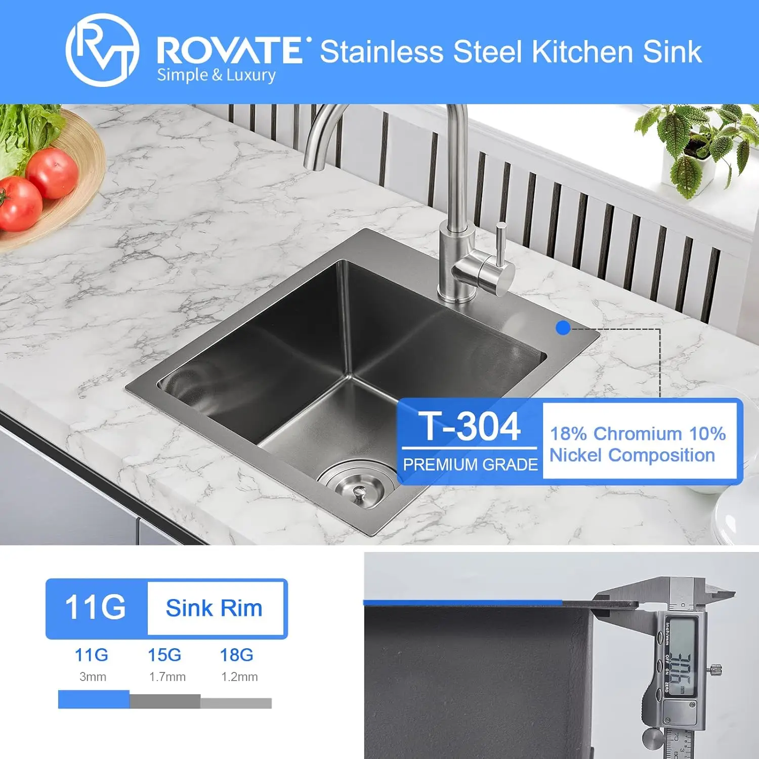ROVATE 15 x 17 inch Drop in Bar Sink Black Nano Kitchen Sink Overmount Handmade Single Bowl T-304 Stainless Steel Bar Prep