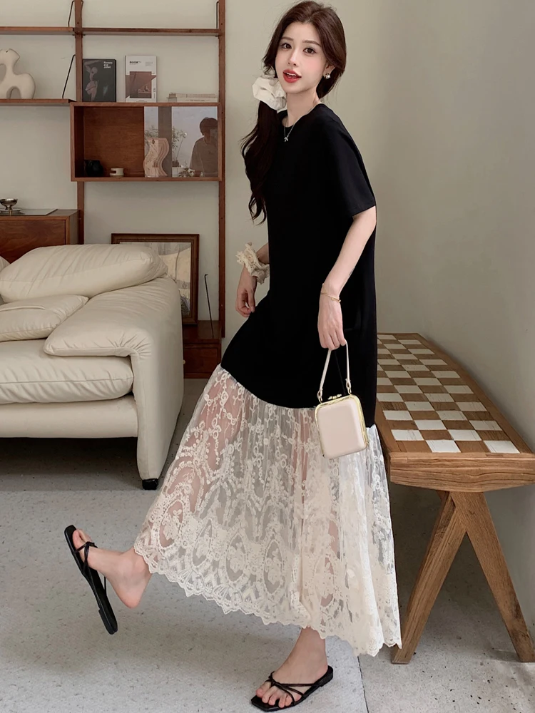 NYFS plus Size Women's Lave Patchwork Dress Summer 2025 Loose Long Dresses Robe Elbise Short Sleeve Korean Style Floral Hem - Image 4