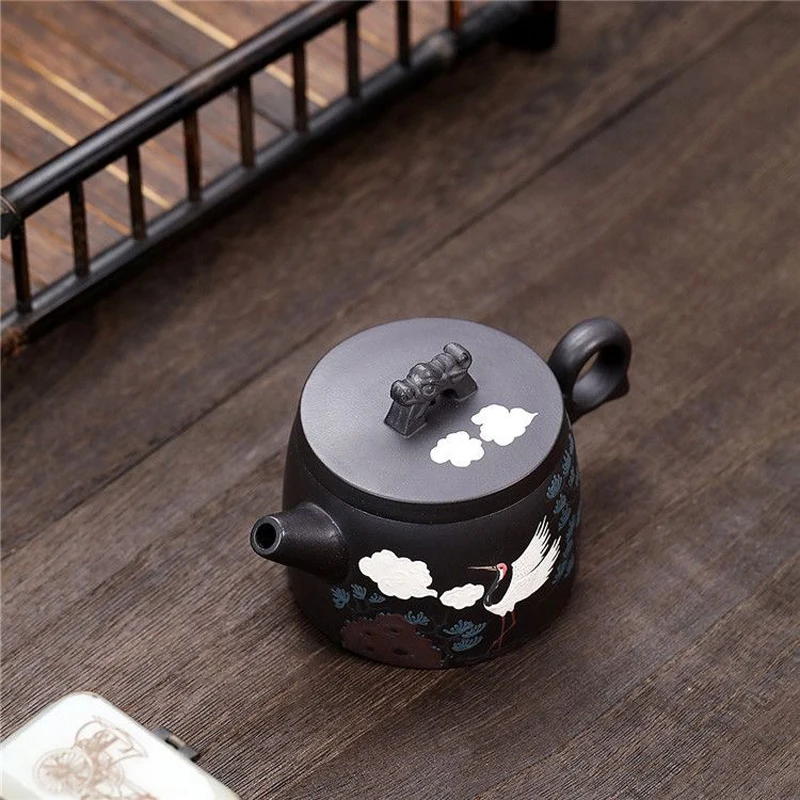 Chinese Pine Crane Patterns, Black Gold Sand From Original Mine Yixing Purply Clay Chinese Kongfu Tea Pots, Handmade, 190ml, New