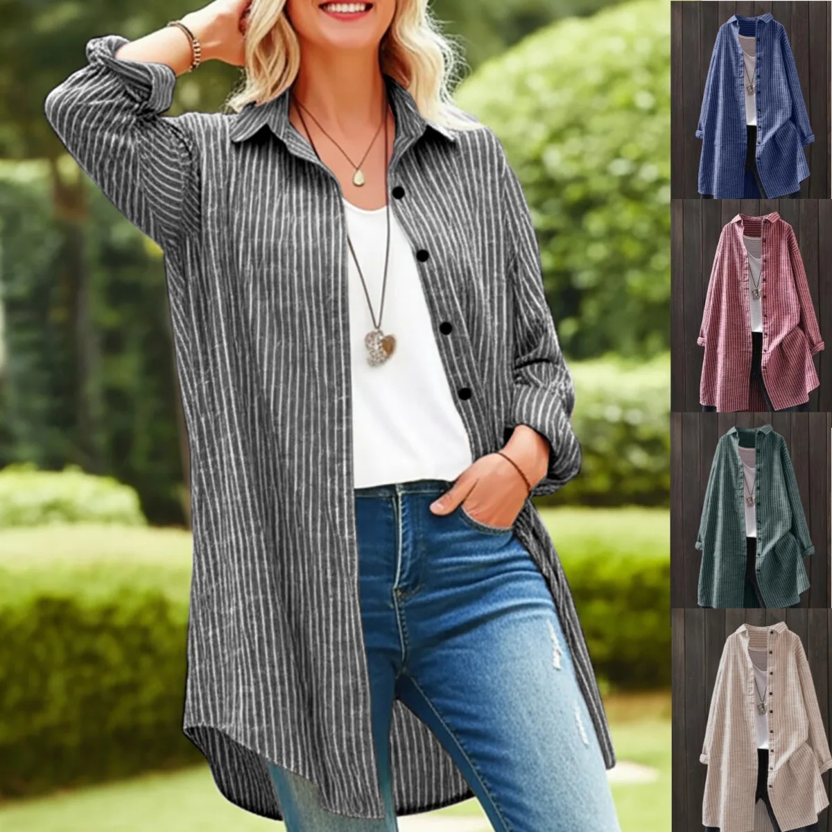 Women Striped Blouse Shirt Loose Fit Long Lantern Sleeve