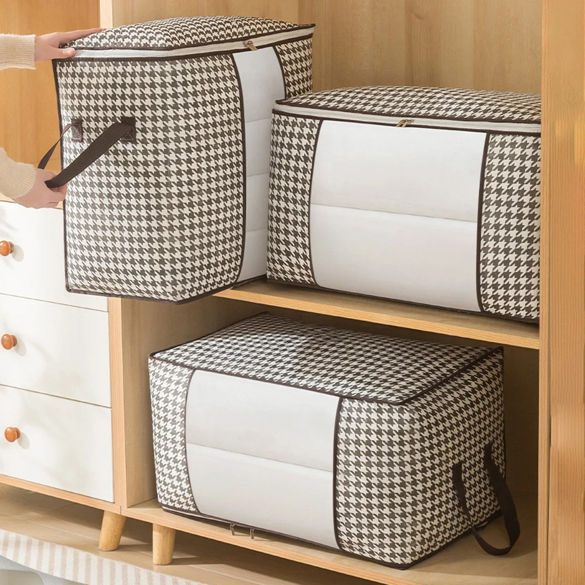 3pcs-Large Capacity Houndstooth Pattern Storage Box with Zipper