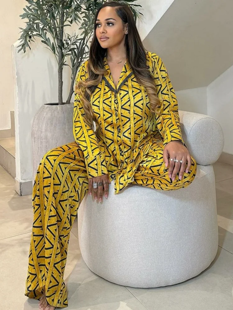 Wmstar Two Piece Set Women Wholesale Large Sized Casual Loose Long Sleeved Printed Shirt Wide Leg Trousers New Style Stylish