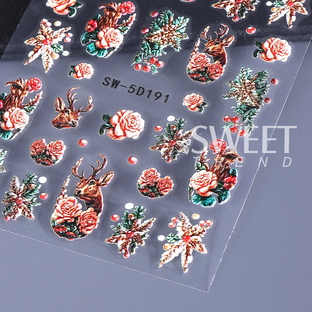 2pcs/set Christmas Nail Art Stickers 5D Embossed Self-Adhesive Elk Deer Flower Nail Decal for DIY Christmas Manicure Decoration