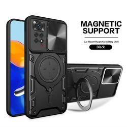 Slide Camera Shockproof Armor Phone Case with Stand Back Cover for Note 11E Pro 5G (Black)