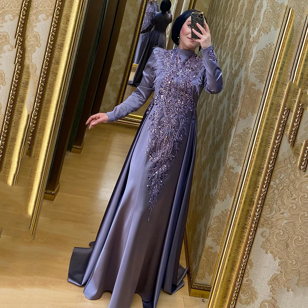 

Long Sleeve Middle Eastern Style Prom Dresses A-line High Lace Feathers Evening Gown Muslim Clothing فساتين سهرة فخمه