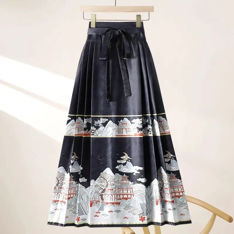 

2024 Retro Chinese Style Hanfu Jacquard Horse Face Skirt Women's Spring Fashion Versatile Pleats Lace Loose Mid Length Skirts