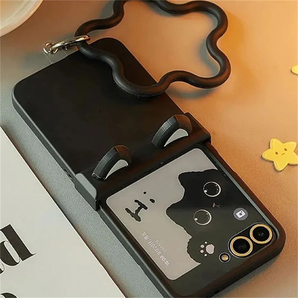 Korean Japan Cute Cat Ears Black Phone Case For For Motorola Razr 60 50ultra Razr 40 Ultra For Samsung Galaxy Z Flip 7/6/5/4/3 3