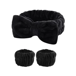 Luxurious Coral Fleece Face Wash Headbands & Absorbent Wristband Set (Black)