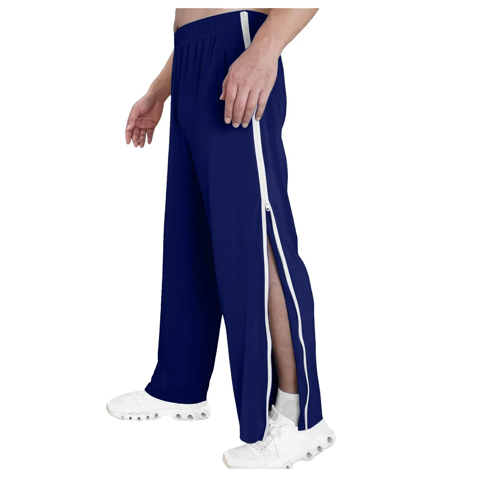 

Men Sweatpants Elastic Waistband Pockets Sports Trousers Splicing Color Wide Leg Side Zipper Tear Away Basketball Pants