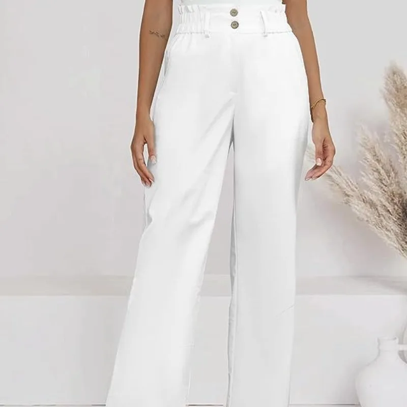 2023 Autumn Women's Elastic Waist Solid Button Pocket Patchwork Elastic Ruffles Loose Office Lady Elegant Fashion Casual Pants