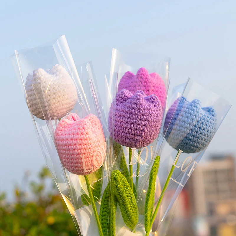 Tulip Knitting Flower Woven Tulips Single Flower Bouquet Wedding Decoration Graduation Gifts Hand Crochet Fake Floral 1PC